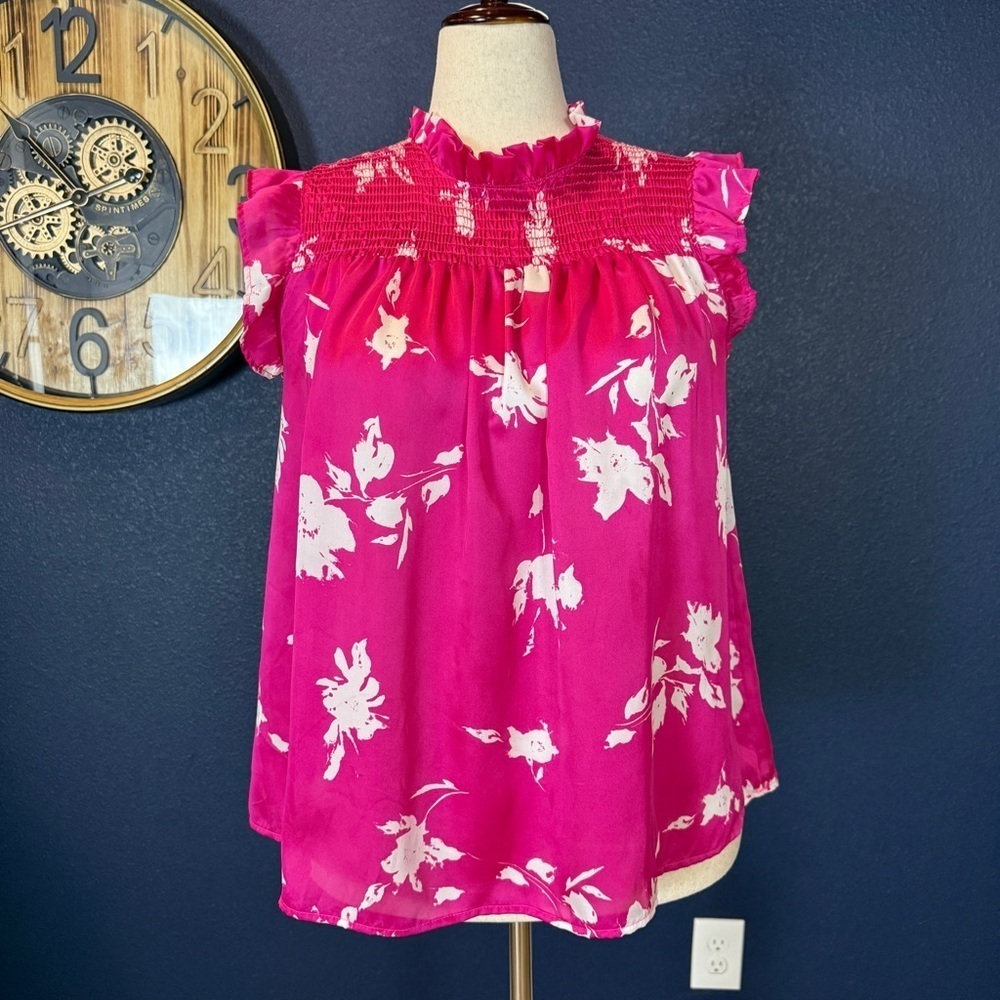 BUCKETLIST Pink Floral High Neck Ruffle Blouse | Size Medium